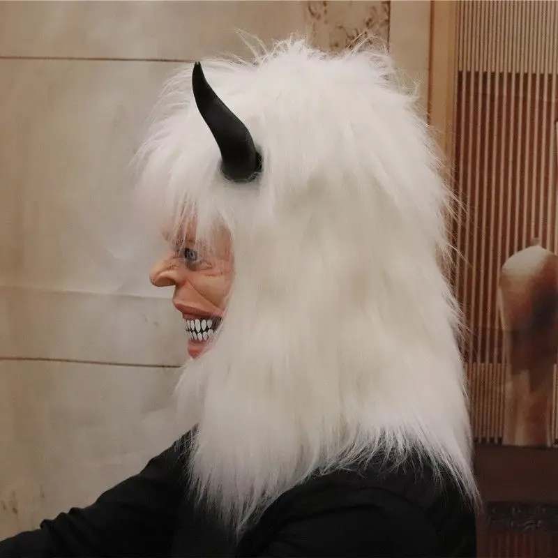 New Snow Yeti Monster Mask with White Hair Funny Ox Horn Latex Mask Masque Scary Halloween Christmas Party Cosplay Mask