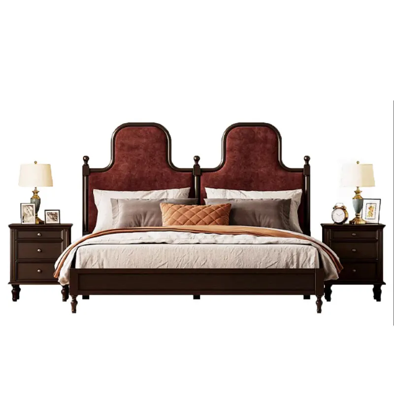 

@#Midcentury Solid Oak Queen Double Bed Soft Fabric Metal for Home Hotel Apartment Midcentury Style