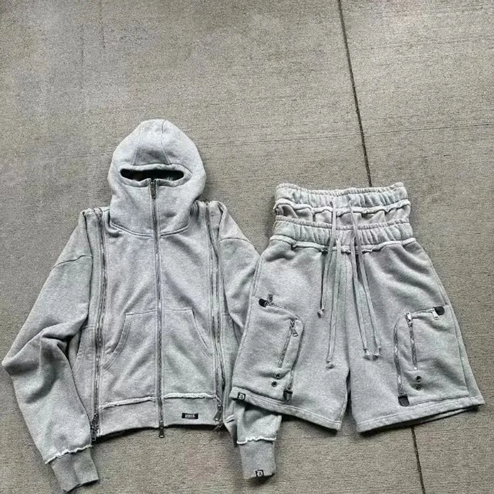 

Mens Hoodie Shorts Set Cotton Streetwear Stitching Zip-Up Raw Edges Hooded Sweater Double Waist Design American Shorts Unisex