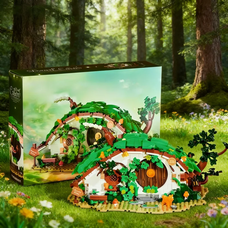 

Forest Hobbit-style Cottage Building Blocks Set, 2-Sided Round House Model with Nature Details, DIY Bricks Construction Toy for