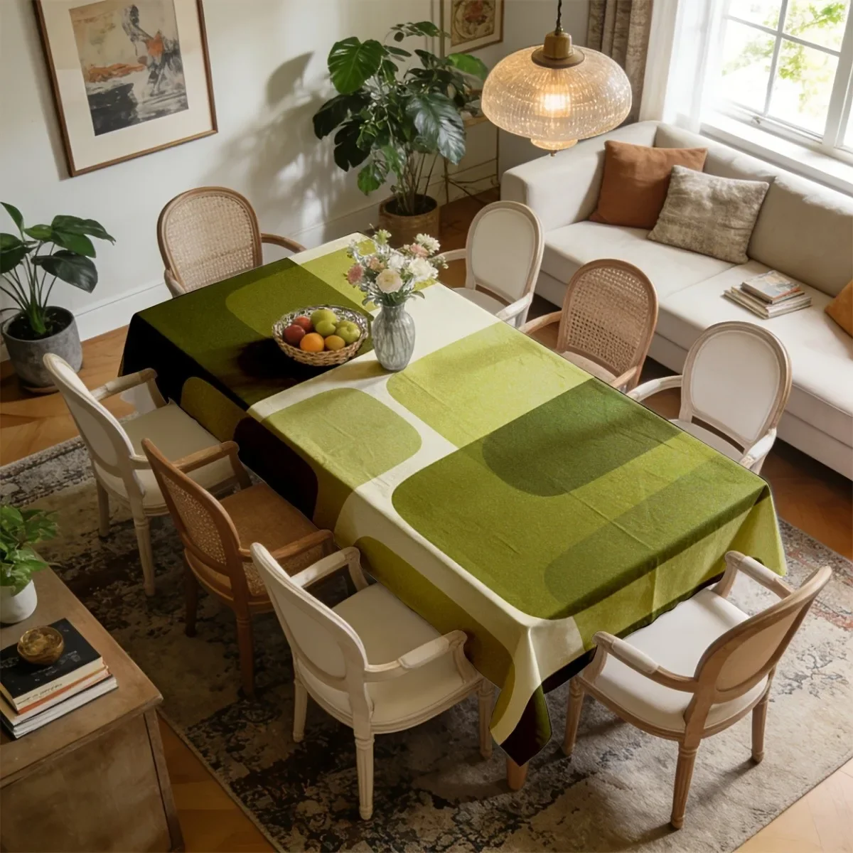 1pc Olive Green Retro Geometric Pattern Tablecloth, made of polyester fabric.yzb