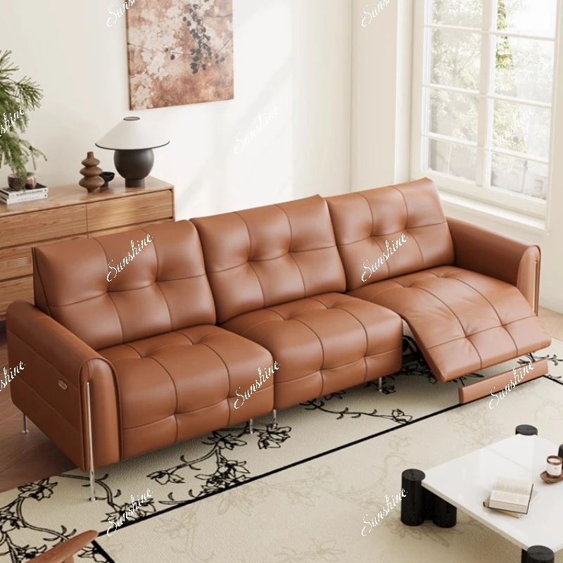 French retro electric caramel function telescopic adjustable zero against the wall antique leather sofa