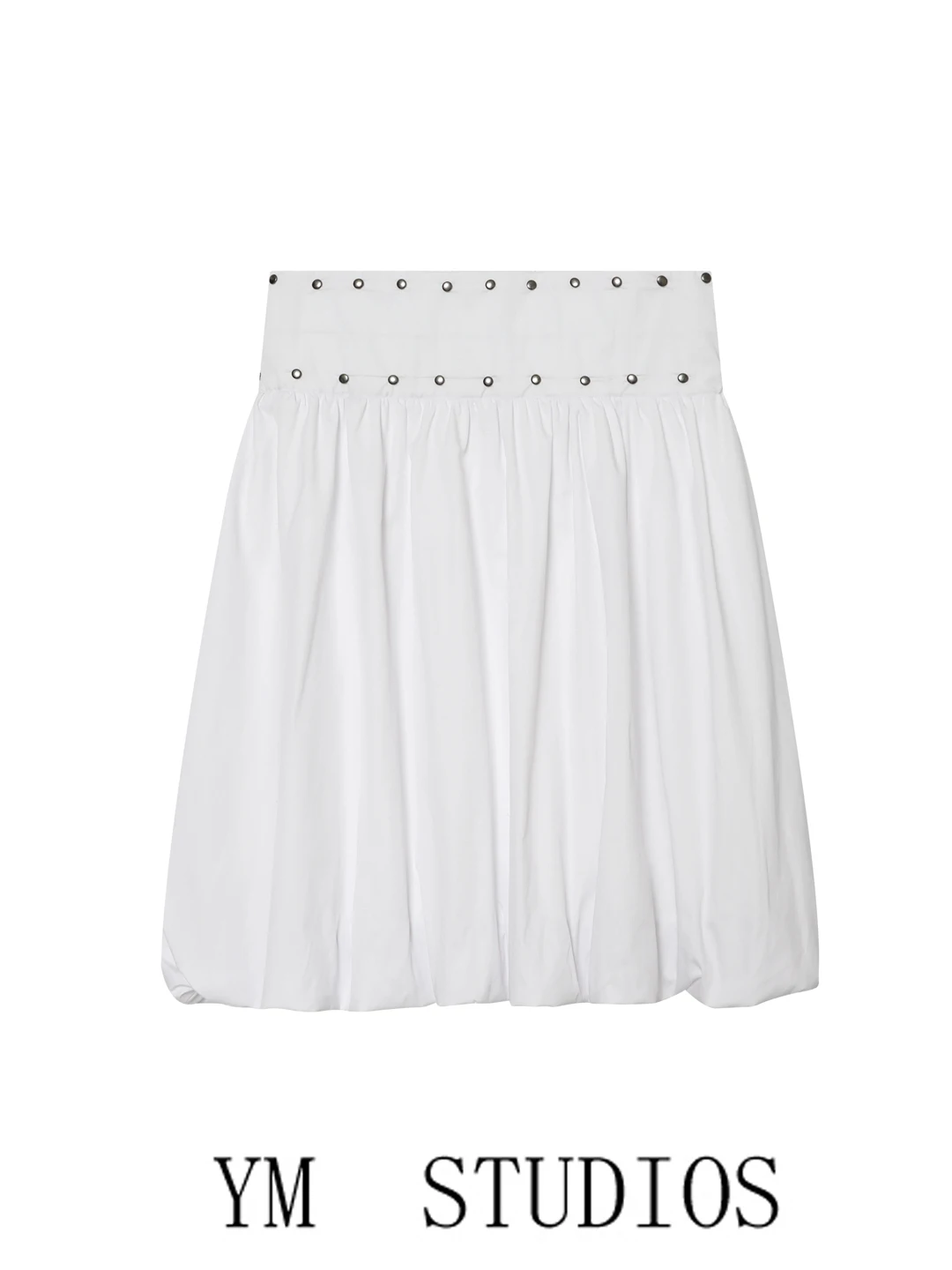 White Balloon Silhouette Half Skirt with Rivet Decor Women's Fashion Summer High Waist Puffy Skirt A-Line Polyester Fiber