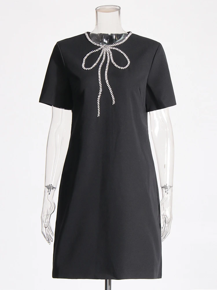 TWOTWINSTYLE Spliced Zipper Elegant Dresses For Women Round Neck Short Sleeve High Waist Solid Patchwork Diamonds Dress Female