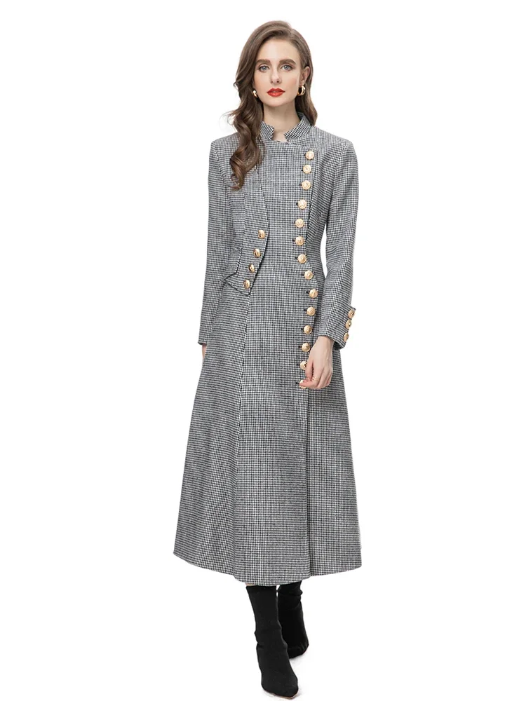 2024 Cappotto di moda invernale Vintage Thousand Bird Lattice Trench stile lungo Colletto alla coreana da donna Manica lunga Capispalla