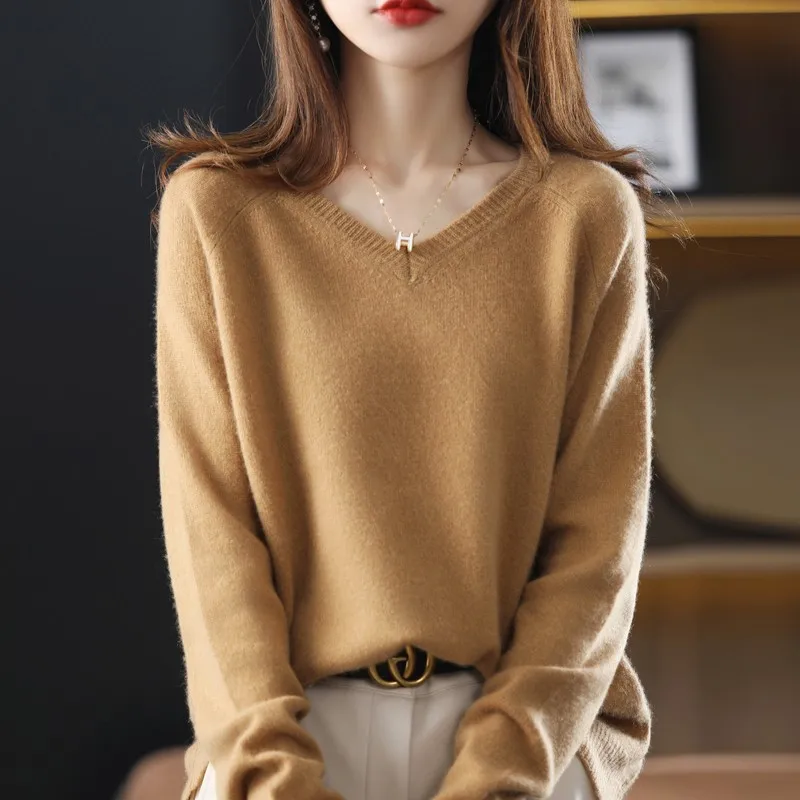 ゆったりとした女性用ニットセーター Vネック ウール ラップオーバー 秋冬 ファッション プラスサイズ 快適で暖かい ロングスリーブトップ