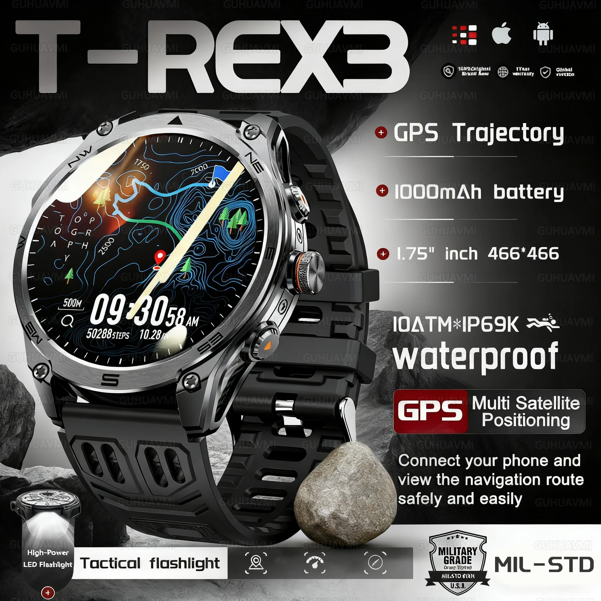 

NEW T-REX3 ULTRA GPS Smart Watches 1000Mah Battery Compass 10ATM Waterproof Tactics Sport Flashlight BT call Smart Bracelet Man