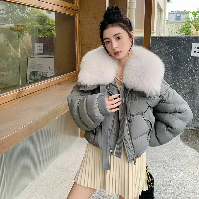 Winter New Fox Fur Collar White Goose Down Fashionable Short Women's Down Coat Long Sleeved Warm Jacket