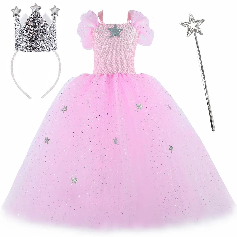 Wicked Glinda The Good Witch Costume Kids Glitter Pink Glenda Tutu Dress for Girls Halloween Birthday Party Princess Dress Up