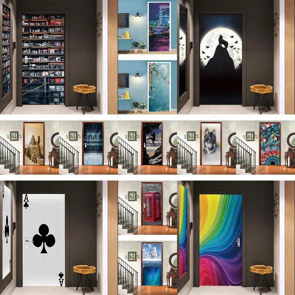 3D New Door Sticker Matte Film Vinyl PVC Waterproof Full Door Sticker Poster Home Decoration Elevator Apartment Door Sticker