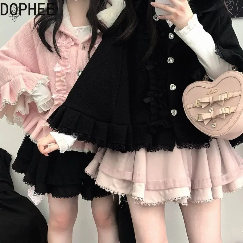 Original Autumn Winter Hooded Cape Coat Young Girls Thicken Fleece Princess Cloak Cute Bow Diamonds Love Elegant Lolita Coats