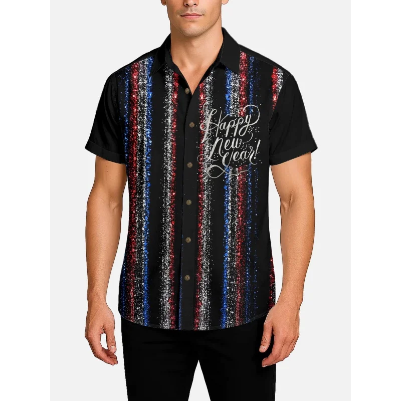 

Новогодняя гавайская рубашка с рисунком шампанского для мужчин, часы с 3D принтом и короткими рукавами, летние свободные рубашки Aloha, блузка с лацканами, топы