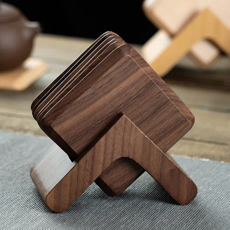 6Pcs Wood Coaster Set with Holder Square Wooden Drink Coasters Cup Mats Black Walnut Coffee Coaster Placemats Table Accessories