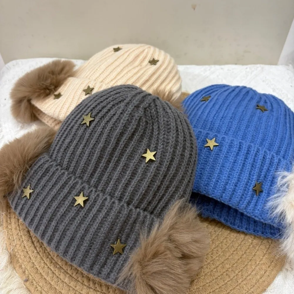 Cute Windproof Star Knitted Beanie Hat Warmth Cuffed Design Windproof Cap Knit Korean Style Women Warm Beanie Ski