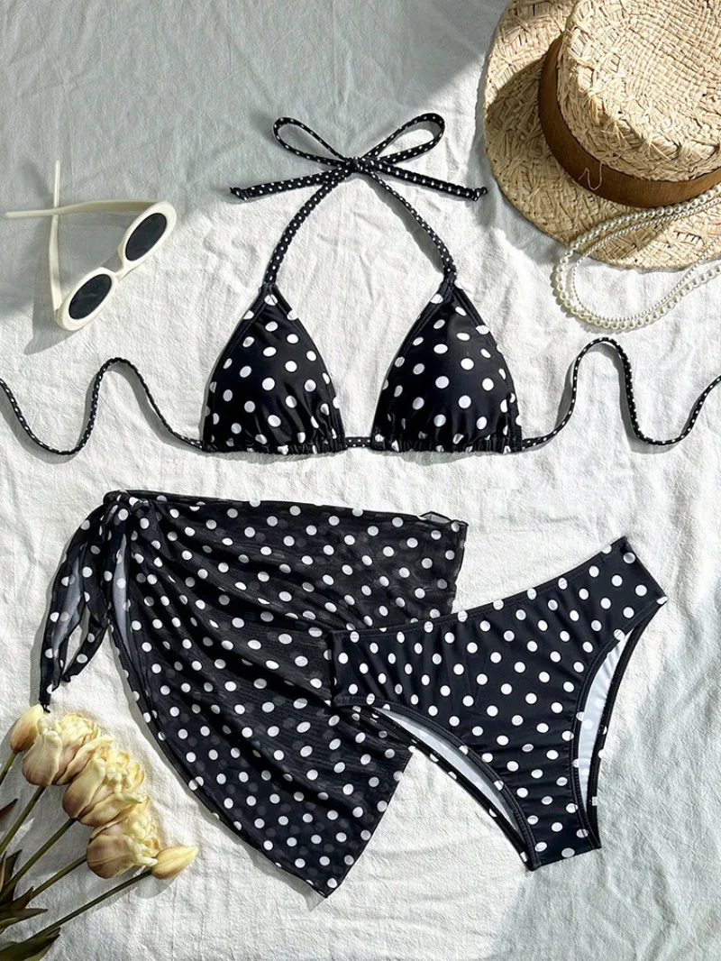 sexy polka dot print bikinis sets 3pcs with mesh cover skirt halter tie swimwear bathing suit beach outfits swimsuits biquini