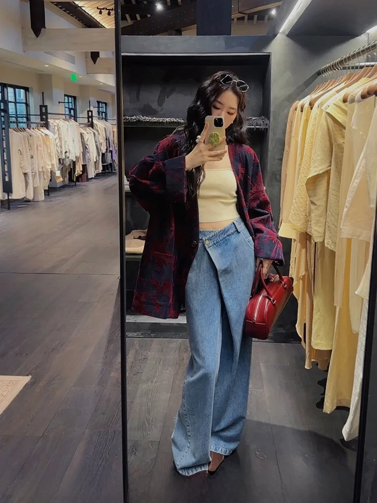 

Sан музей Hеihuā повседневные широкие прямые джинсы женские весенне-осенние новые свободные повседневные джинсы с высокой талией и застежкой на пуговицы