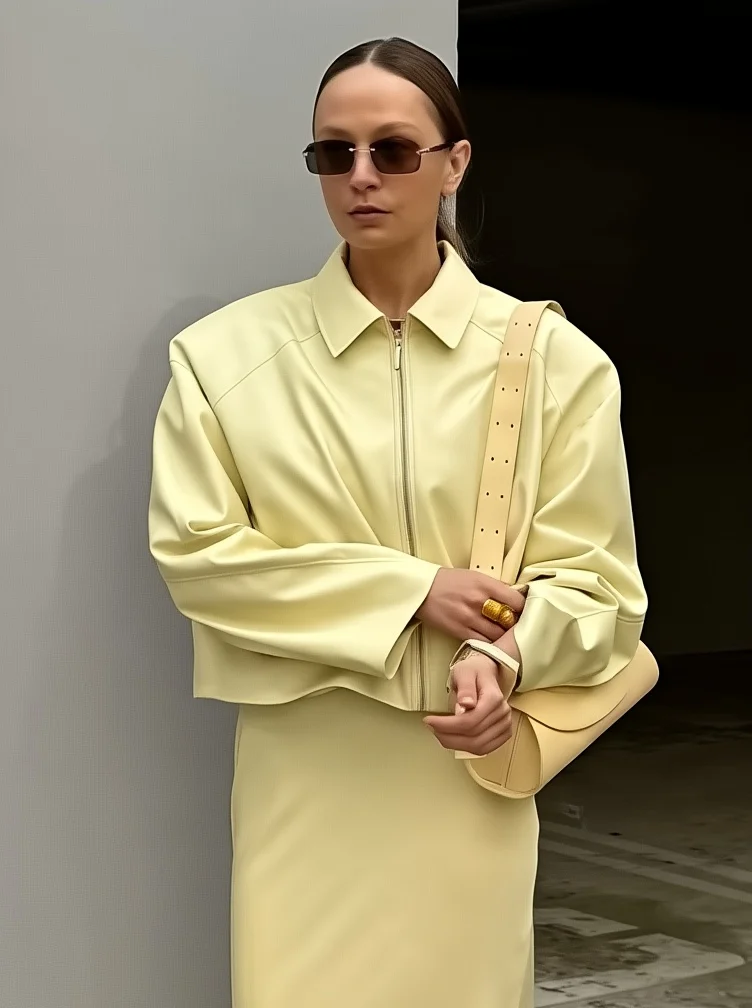 

Casual Women's Yellow Pu Leather Jacket Long Sleeve Lapel Loose Zipper Coats 2025 Autumn Chic Streetwear Woman Outerwear