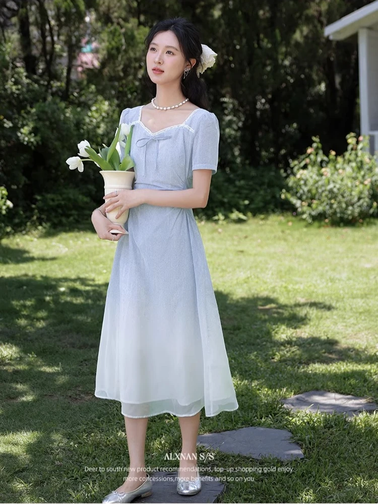 

ALXNAN Light Blue Long Dress Elegant A-Line Holiday Women's Short Sleeve Dress Vacation Casual Party Female Clothes DYL661807