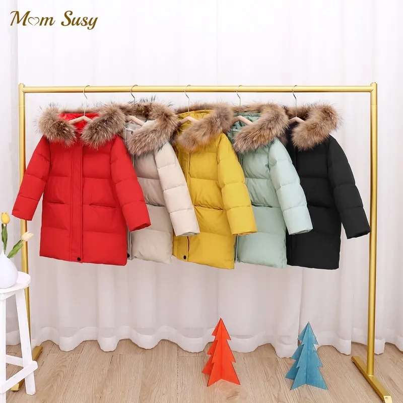 

Baby Girl Boy Winter Down Jacket Duck Feather Padded Child Fur Hooded Coat Long Solid Color Warm Thick Parkas Baby Clothes 2-12Y