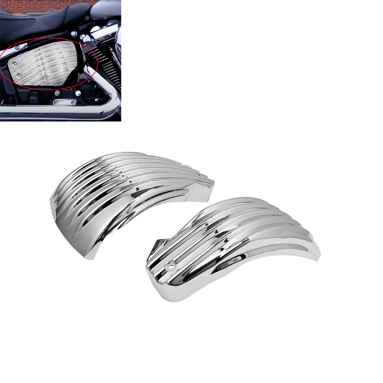 Хромированные полосатые боковые крышки аккумулятора, обтекатель для Harley Softail Breakout Fat Boy Steet Bob M8 2018 2019 2020 2021 Хромированные полосатые боковые крышки аккумулятора, обтекатель для Harley Softail Breakout Fat Boy Steet Bob M8 2018 2019 2020 2021
