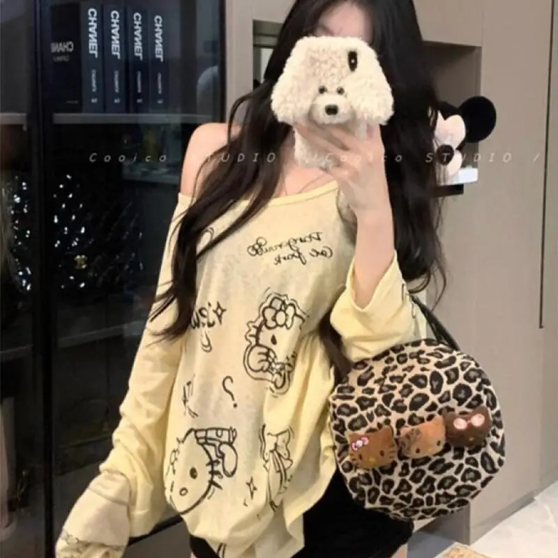 أنيمي مرحبا كيتي امرأة ملابس الشباب النساء الشمس حماية الكرتون طويلة الأكمام تي شيرت لطيف نمط بلايز الخريف الملابس النسائية