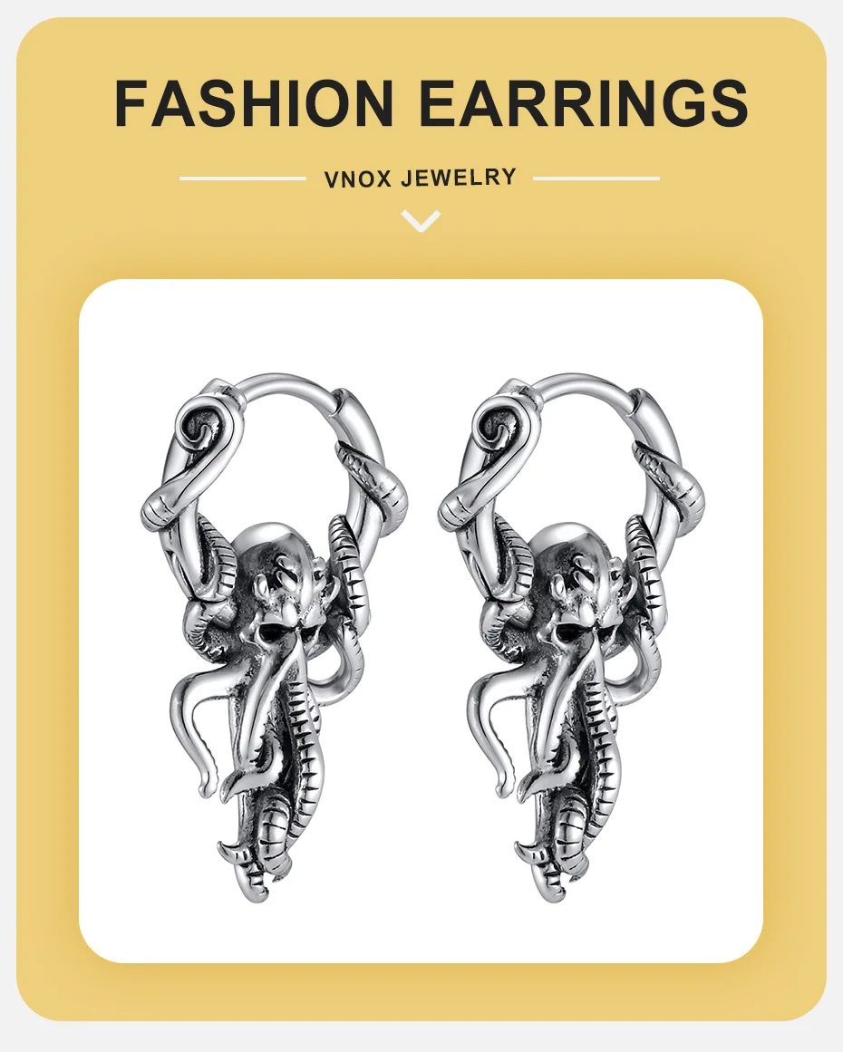 Vnox Edelstahl-Oktopus-Tentakel-Creolen, Vintage Gothic Punk Hängeohrringe, Piercing-Schmuck, Geschenk für Männer, für den täglichen Gebrauch und Partys – Detail 1