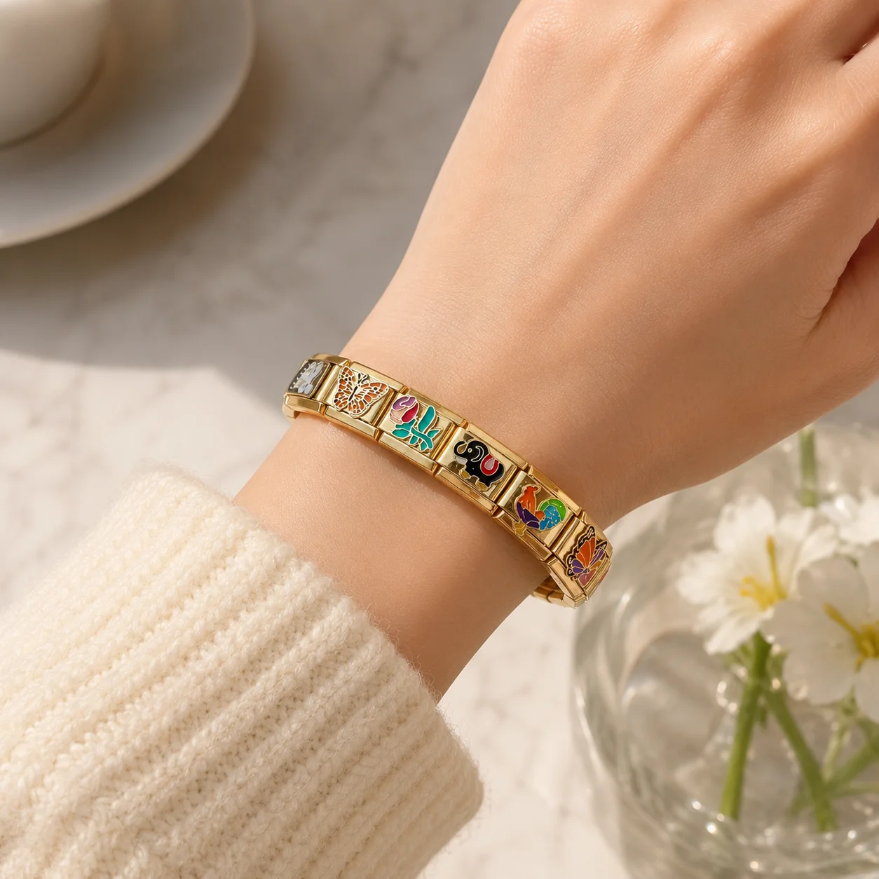Benutzerdefinierte Goldfarbe Italien Charms personalisiertes italienisches Armband Poker Star Rose Eye Edelstahl 9mm Armband DIY Perlenschmuck – Detail 9