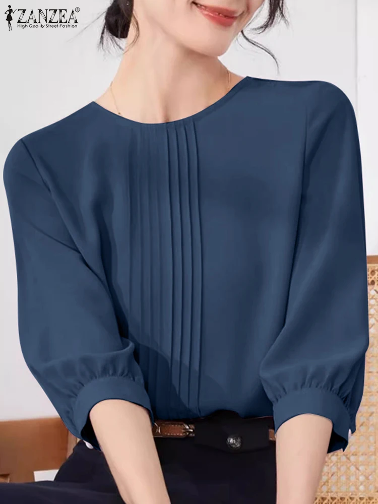 ZANZEA Korean Office Lady Blouse Fashion Women Pleating Shirts Casual Solid Round Neck Tops Tunic 2024 Summer Simple Basic Blusa