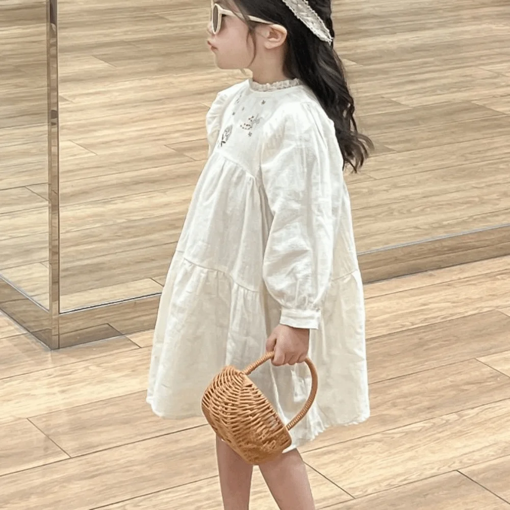 

Кружевное платье принцессы с вышитыми цветами, свободное длинное платье трапециевидной формы для девочек, милое детское платье в балетном стиле с длинными рукавами, весна/осень