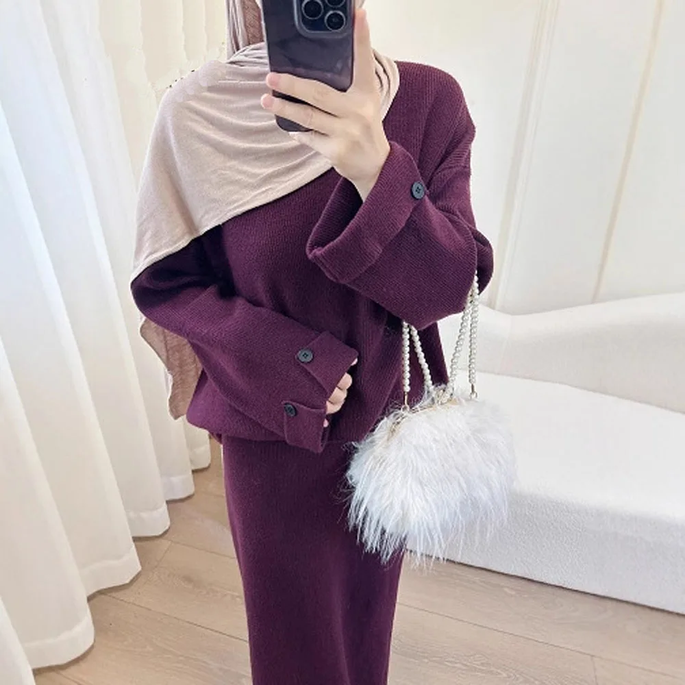 Skromny dzianinowy sweter, gładki komplet dwuczęściowy dla kobiet muzułmańskich, abaja, top, spódnica, islamski kaftan, szata, kaftan dla kobiet muzułmańskich, kaftan.