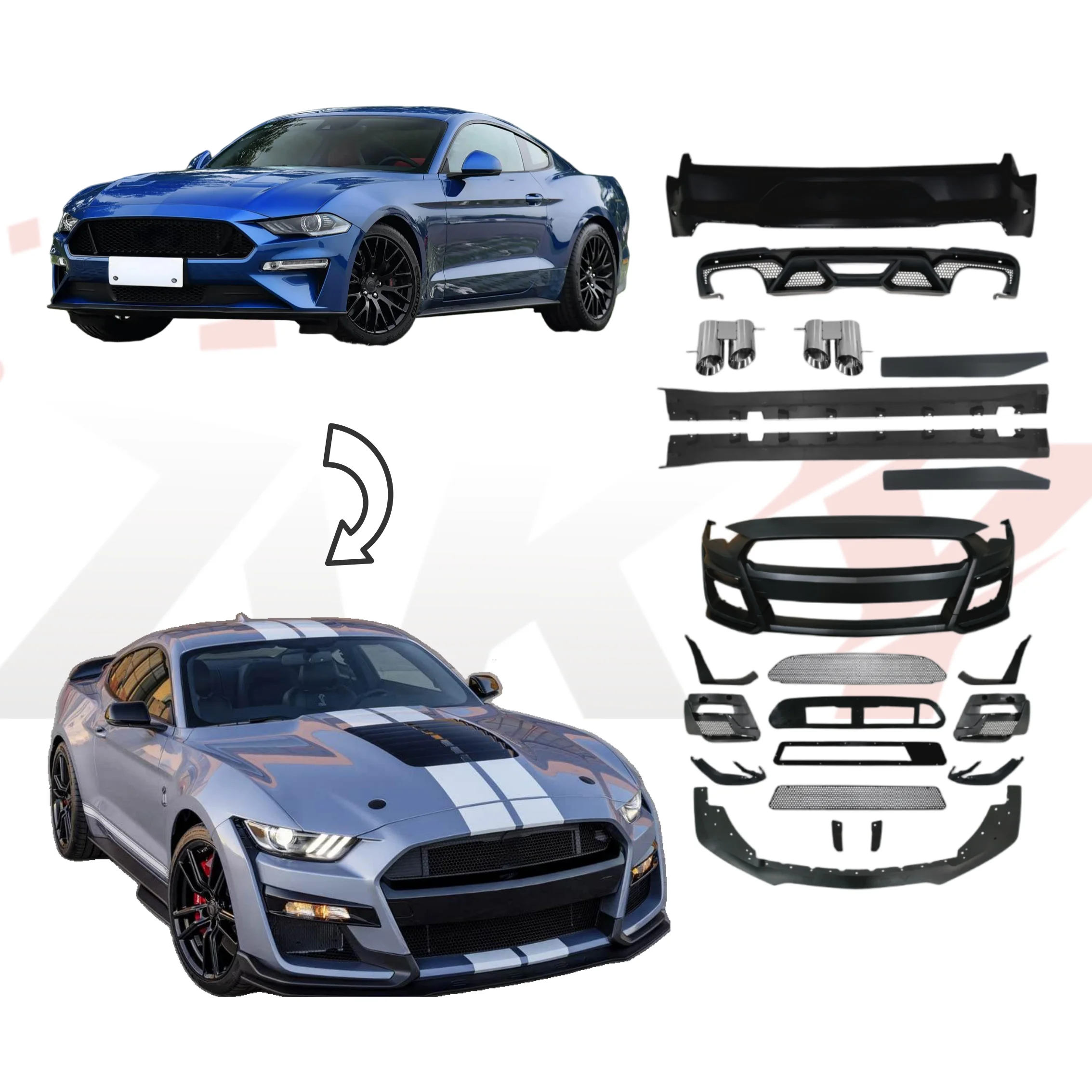 High Quality Bdoykit for Ford Mustang 2018-2023 to GT500 Front Rear Bumper Side Skirt Exhaust Accessories Easy Installation