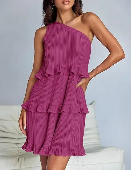 2025 Spring Summer New Pleated Dress Casual Solid Color Elegant Sloped Shoulder Sleeveless Layered Splicing Design Mini Dress