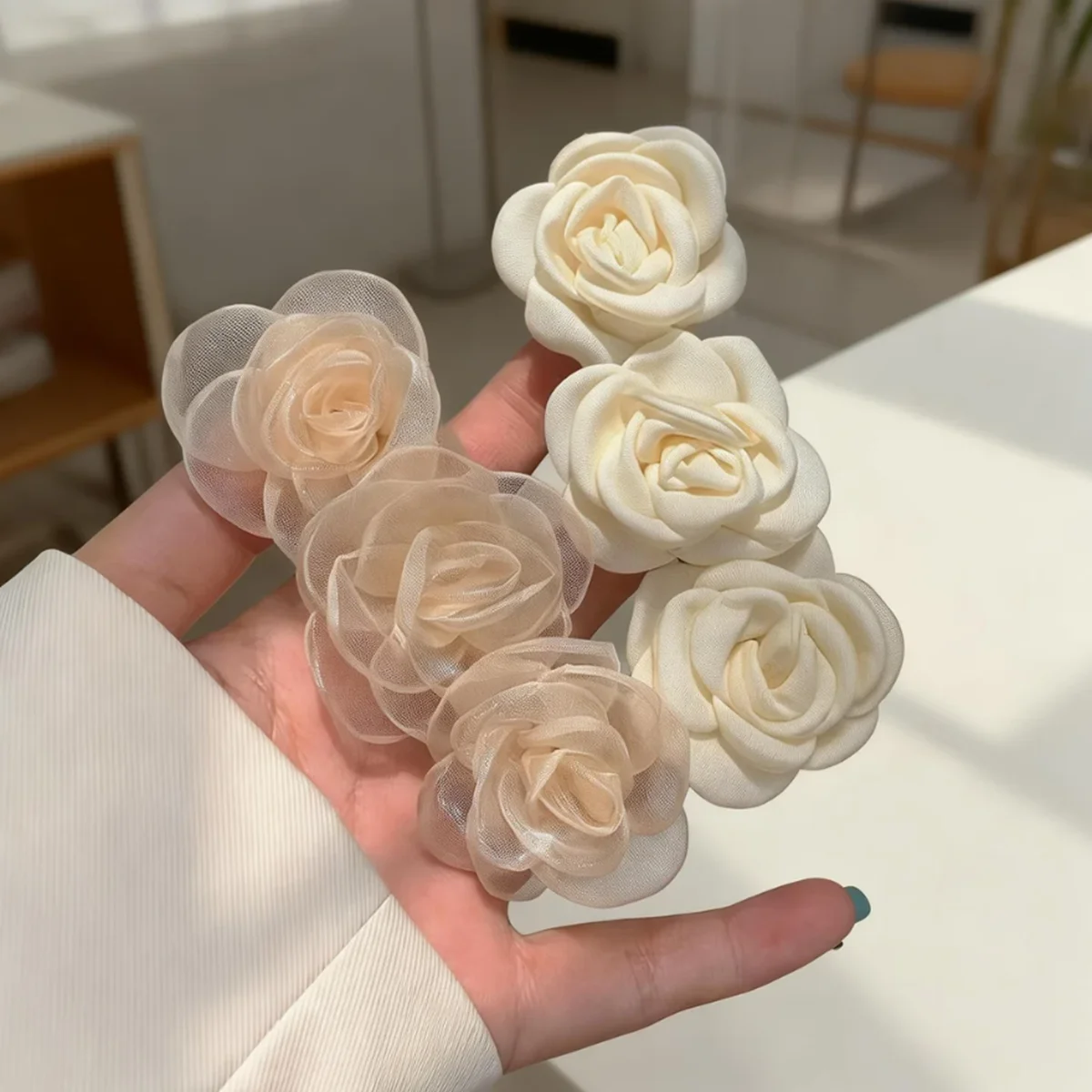2Pcs White Rose Flower Hair Clips for Women, Elegant Organza Satin Hair Barrettes, Bridal Hair Accessories for Wedding, Party & view 4