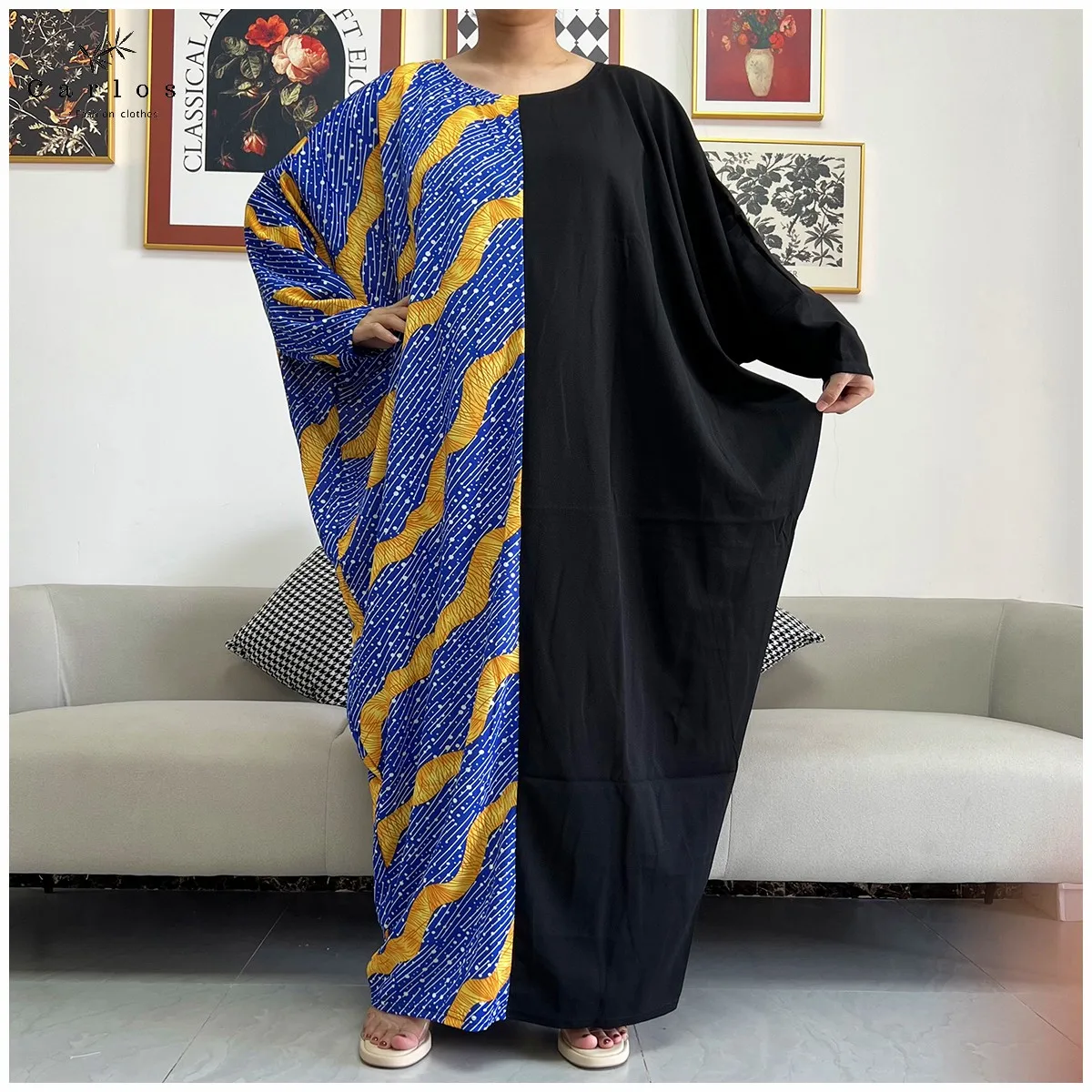 Latest Style New Style Leng Sleeve African Dashiki Floral Printing Loose Cotton Caftan Lady Summer Maxi Casual Dresses Vestidos