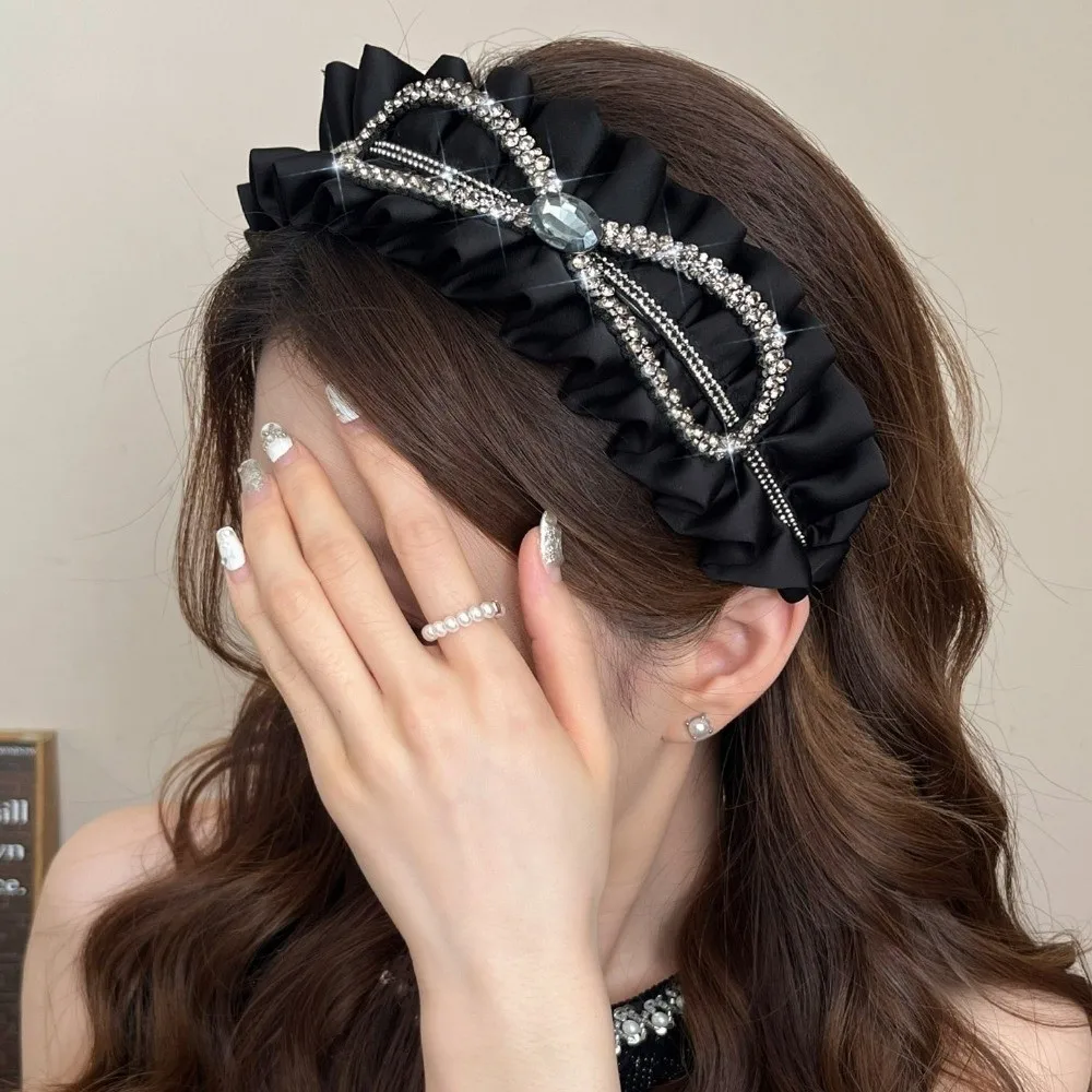 

Temperament Cloth Black Hairband Rhinestone Wide Women Hair Hoop Flower Korean Style Wrinkle Headband Wash Face