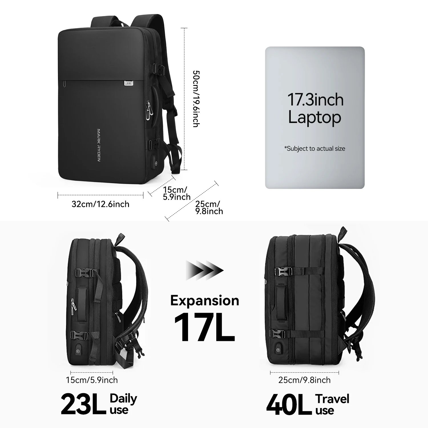 Imagem -03 - Mark Ryden Mochila Expansível para Homens Bolsa de Viagem de Negócios para Laptop de 17 Recarga Usb Atacado 40 l