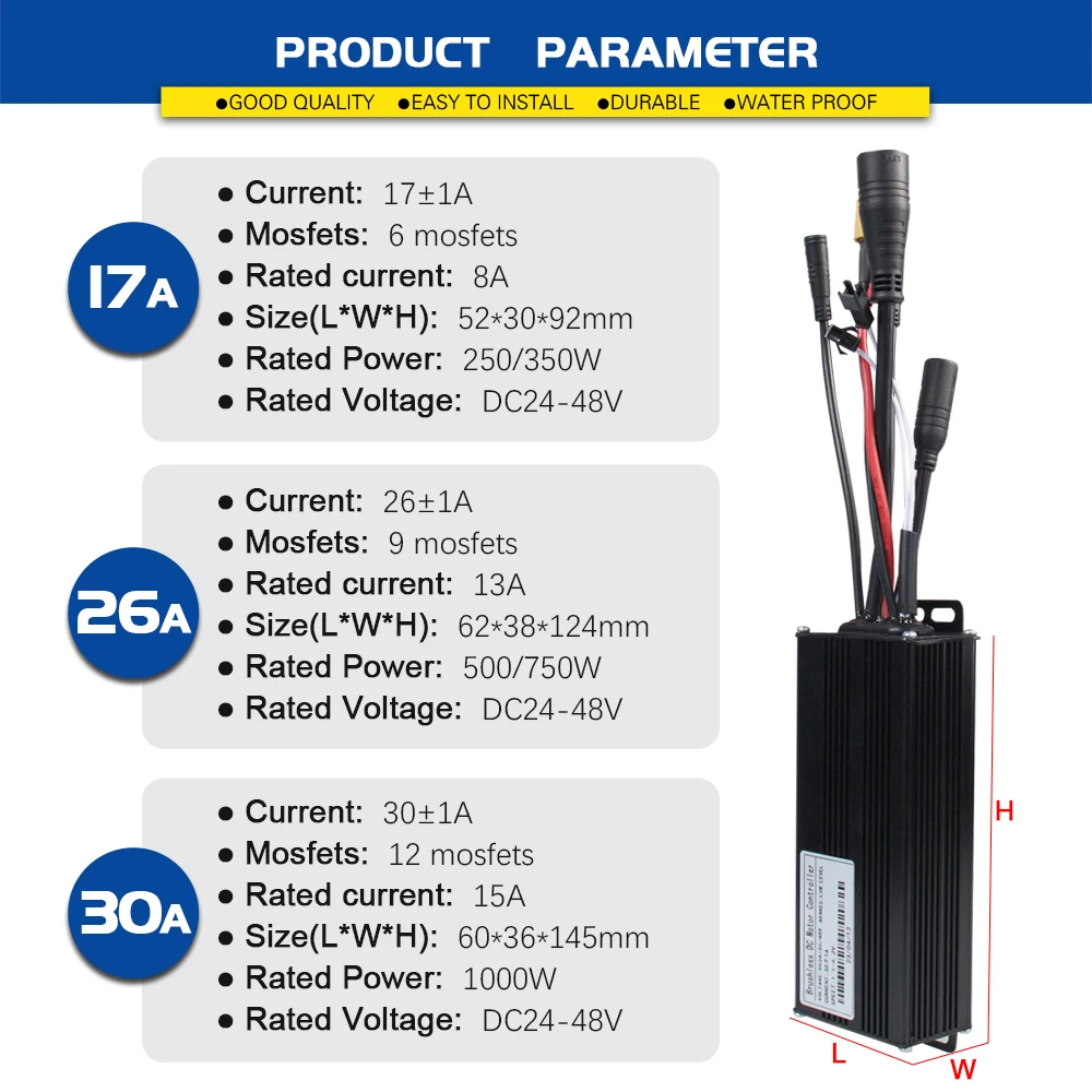 Ebike Sine Wave Waterproof Controller 17A 26A 30A with Learning Function and LCD Color S966 Display For 250W-1000W Hub Motor