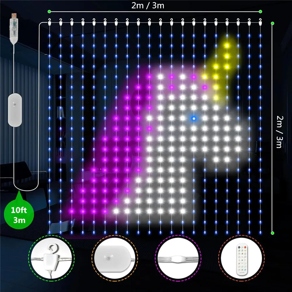 400-800 LED أضواء الستار الذكية سلسلة أضواء App التحكم عن بعد الموسيقى مزامنة عيد الميلاد الستار سلسلة أضواء الجنية في الهواء الطلق