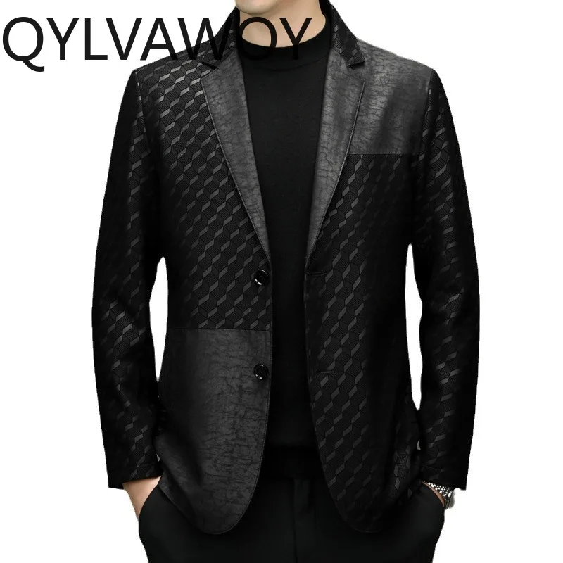 QYLVAWOY Real Leather Sheepskin Men Suit Jacket