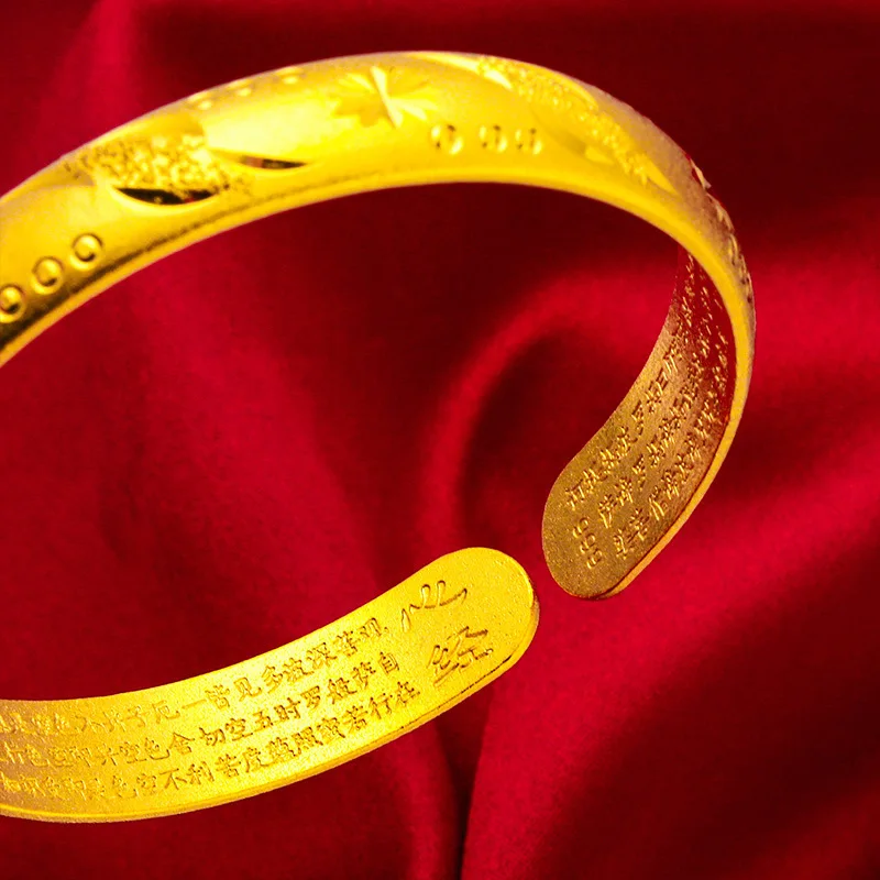 Viora Jewelry 24K Gold Heart Sutra Open Bracelet AU999 Chinese style outfit in gold highlights the oriental Buddhist charm