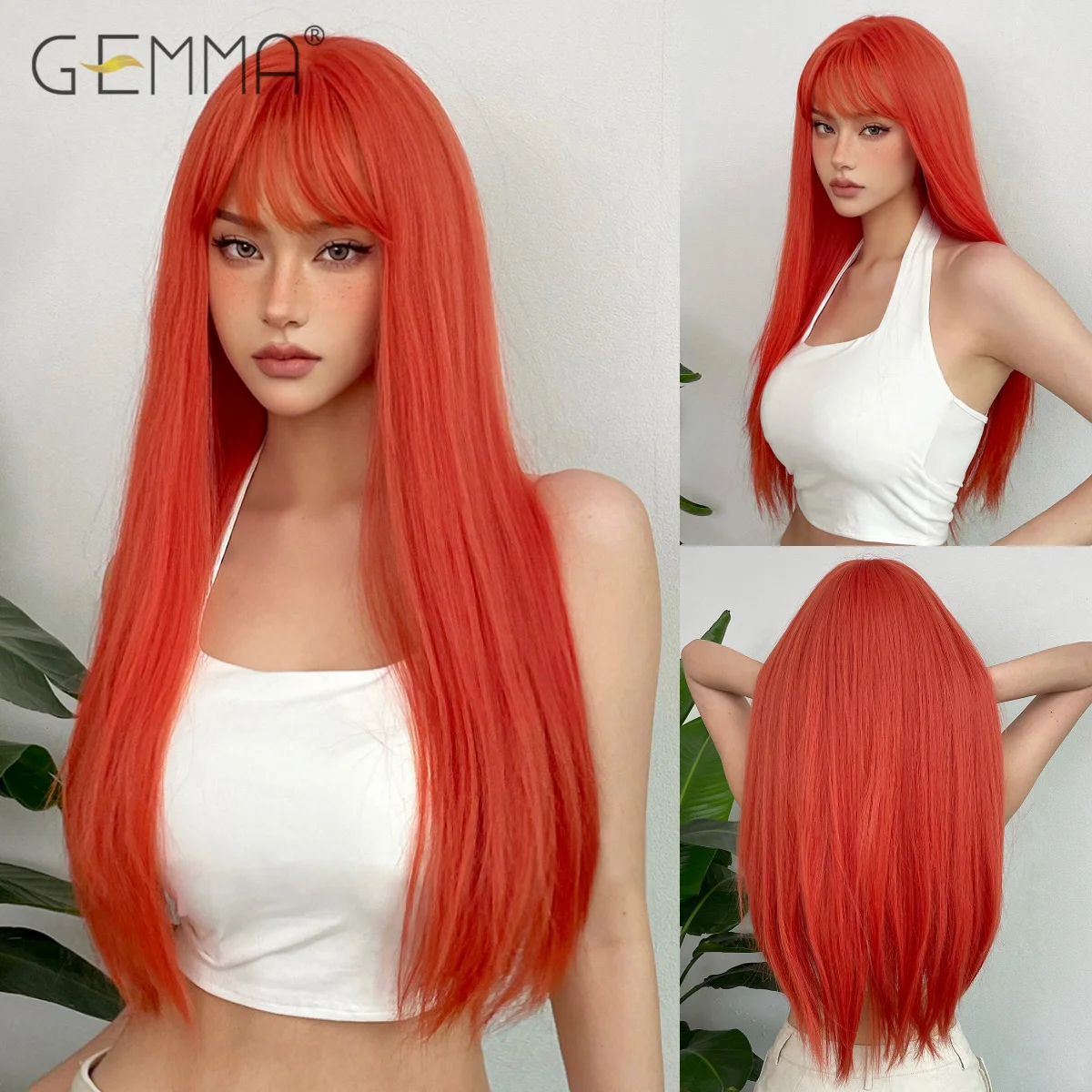 

GEMMA Long Straight Orange Red Cosplay Wig Synthetic Lolita Natural Hair Wigs with Bangs for White Women Heat Resistant Fibre