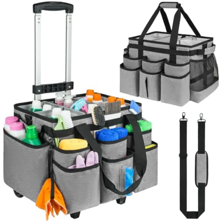 

Large rolling cleaning caddy bag with detachable trolley and wheels for easy mobility featuring a comfortable shoulder strap an