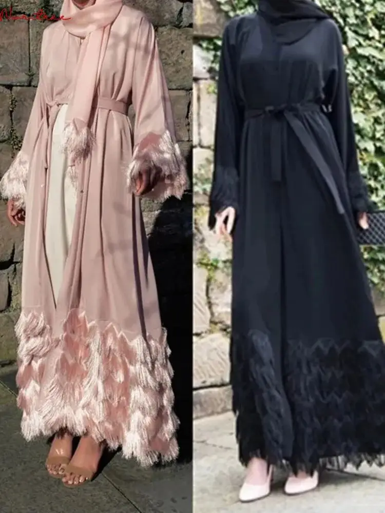 

Elegant Muslimah thicker fabric Tassel abaya Turkish full length Dubai female lace sleeve Islamic dress wq1333 dropship