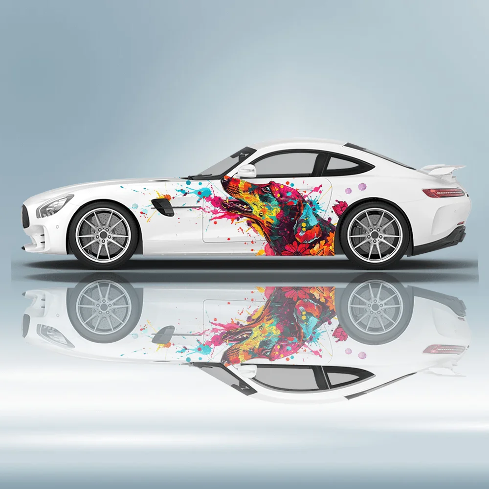 

Sausage Dog Flower Splash Print Car Side Sticker Decoration Protect, Waterproof Self-adhesive Decal Auto Accessories Wrap Cover