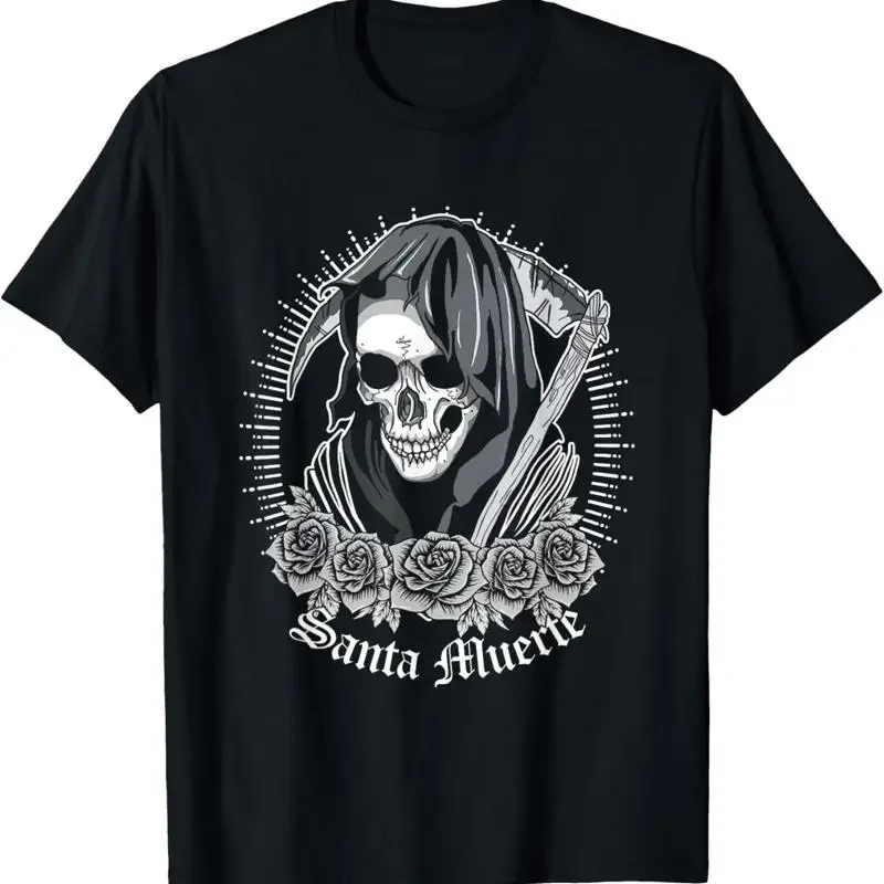 

Santa Muerte Grim Reaper Skull Roses Graphic Men's Cotton T Shirt Round Neck Tee