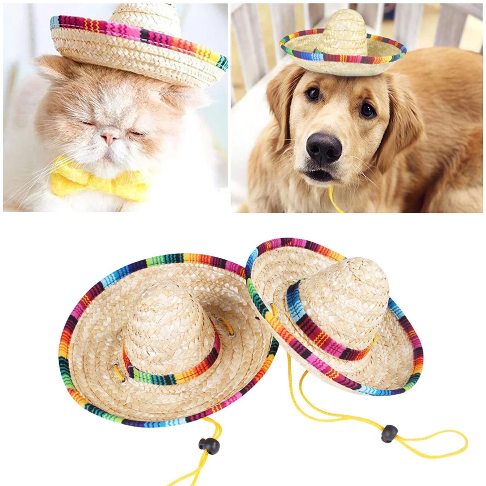 S/M Sombreros de paja para perros con cuerda a prueba de viento Estilo mexicano Fiesta en la playa Sombrero para el sol para gatos Perros Suministros para mascotas