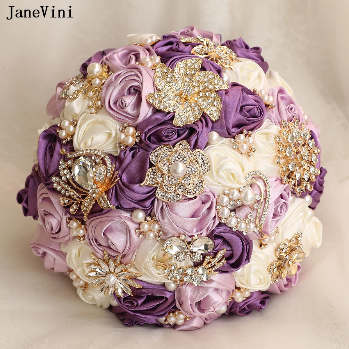 JaneVini Charming Purple Ivory Ribbon Flowers Bridal Bouquets with Gold Rhinestone Artificial Satin Roses Wedding Brooch Bouquet