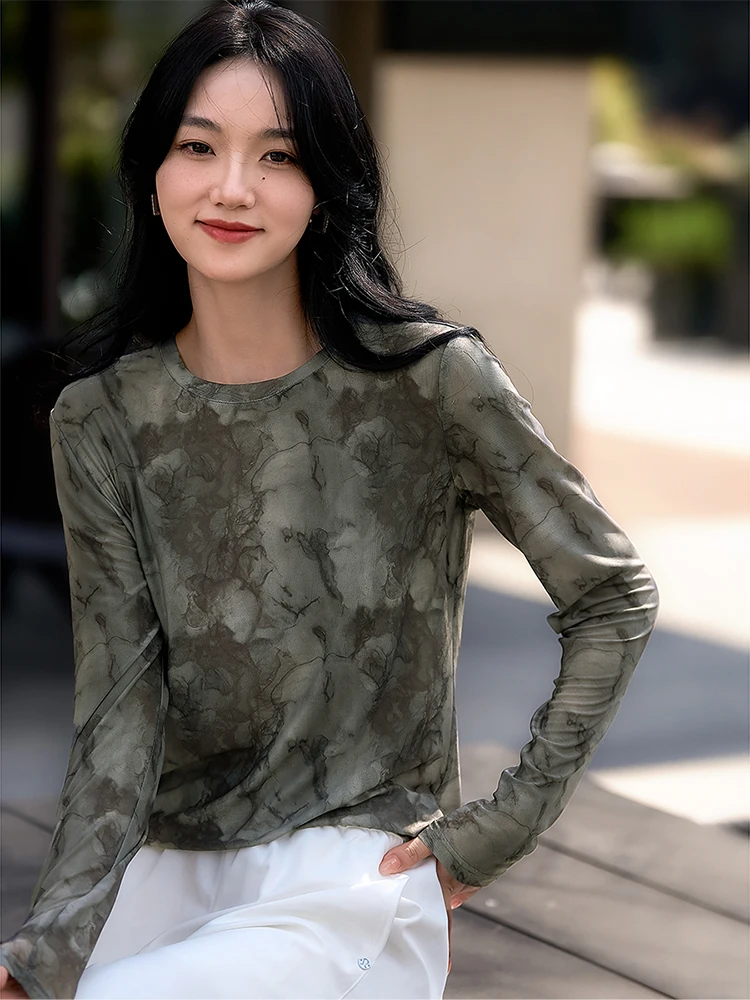 

Xhange round Ne adient Print Long Sve irt Ele Base Layer Женский повседневный свободный крой из смеси полиэстера и спандекса