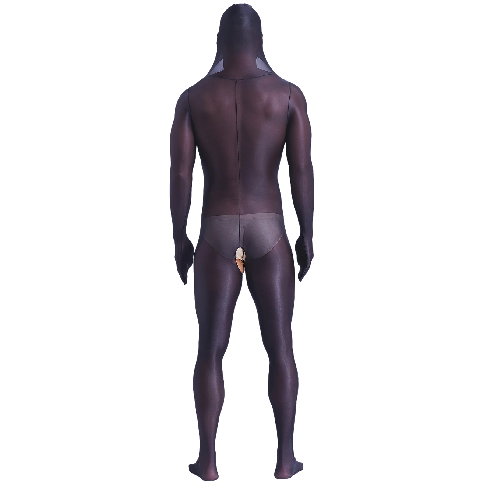 Mens Lingerie See Through Full Body Covering Bodysuit with Gloves Sexy Open Crotch Footed Bodystockings Hooded Catsuit Jumpsuit