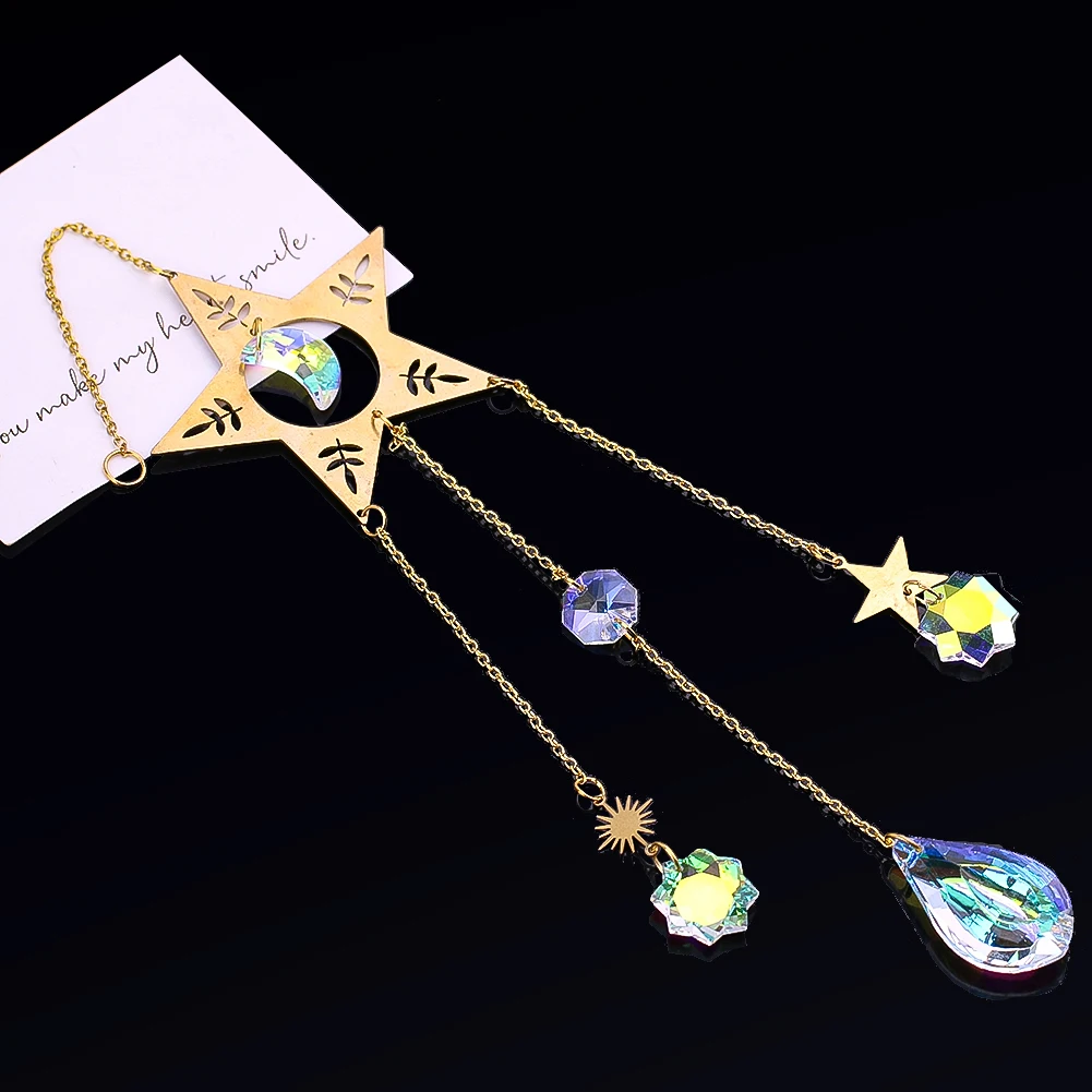 23cm Copper Five-pointed Star Moon Crystal Pendant Bird Repeller Rainbow Making Sunlight Collector Garden Balcony Decorations